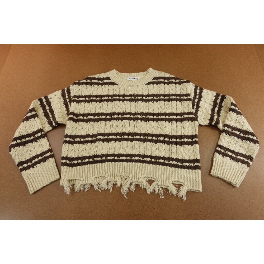 Hooked Up Womens Size Medium Beige Brown Striped Fringe Hem Pullover Sweater NWT